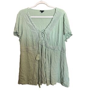 Torrid Top Womens 1X Green Gauze Tasseled Crochet Peplum Blouse